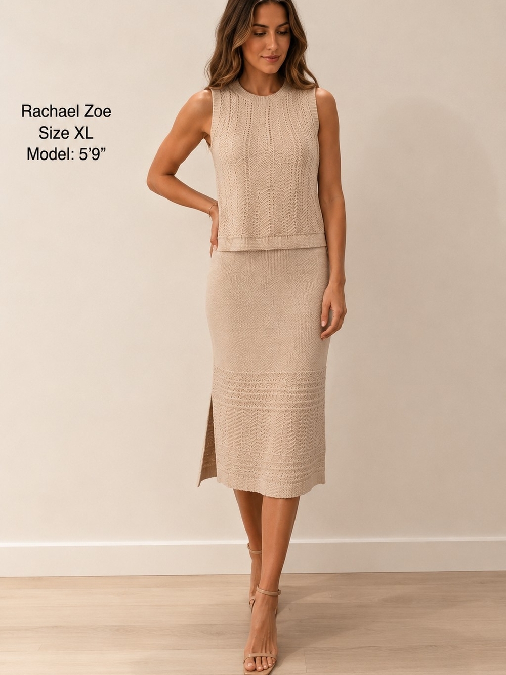 NWT Rachel Zoe XL Cream Knit 2 Piece Top Midi Skirt Set